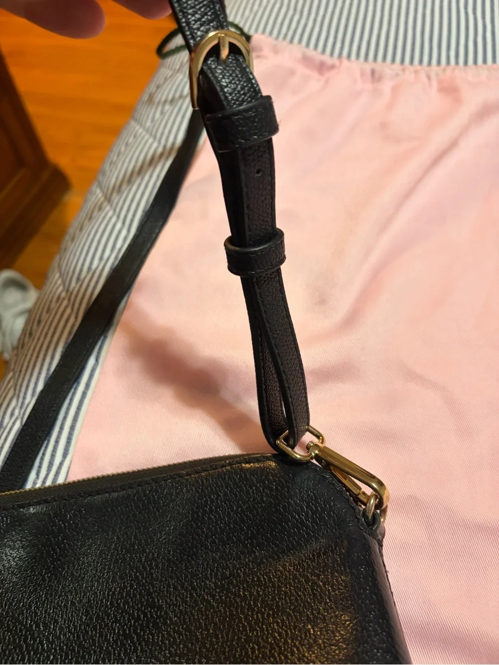 kate spade Black Pebbled Leather Crossbody Bag, hot pink inside lining